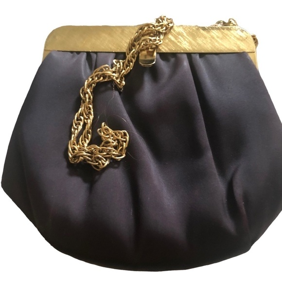 VTG Black Satin Evening Clutch Bag With Gold Chain Handle 6X6 Cocktail Hour - Picture 1 of 6